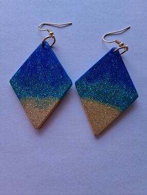 Handcrafted Blue and Gold Glitter Diamond Dangle Earrings